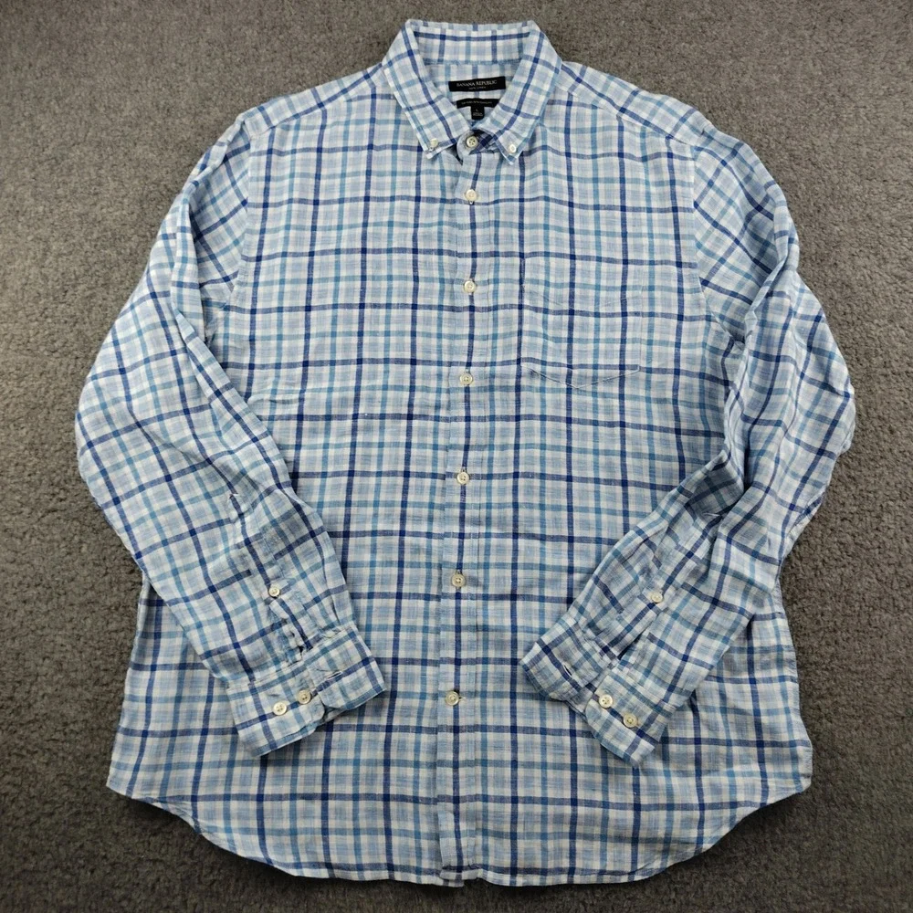 Banana Republic Linen Shirt Mens Blue White Plaid Camden Standard Fit Large
